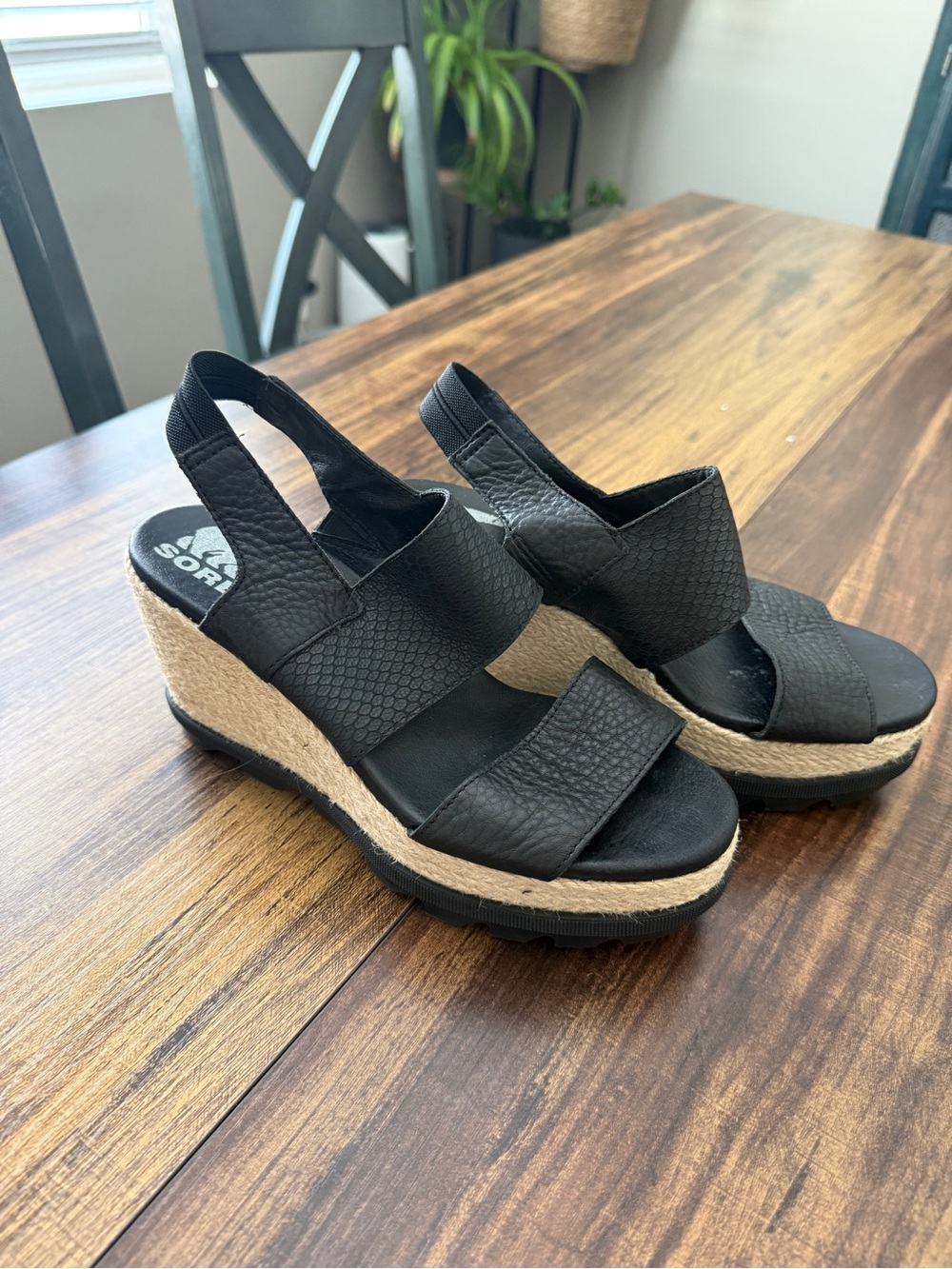 Sorel Black Leather-Look Espadrille Wedge Sandals